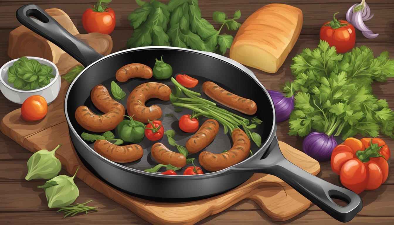 A rustic kitchen scene with a sizzling skillet of Italian sausage and a colorful array of fresh vegetables and herbs ready for cooking