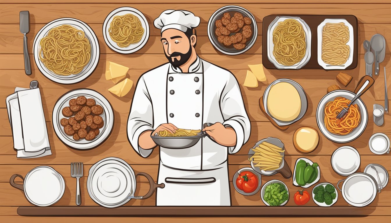 A chef prepares a variety of dishes using Italian sausage, including pasta, pizza, and sausage and peppers. Ingredients and cooking utensils are laid out on a wooden countertop