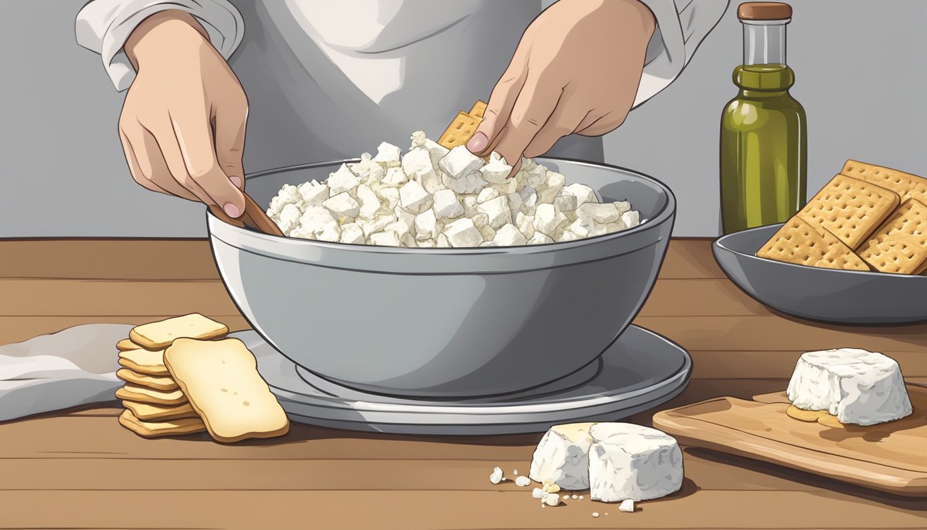 A hand pours goat cheese into a mixing bowl, next to a wooden spoon and a plate of crackers