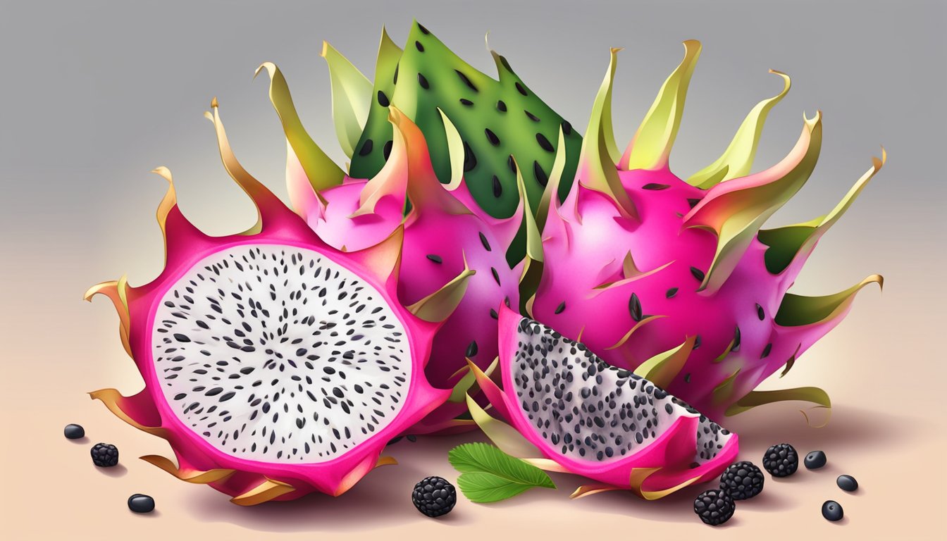 A vibrant dragon fruit sliced open, revealing its white flesh speckled with black seeds, surrounded by a variety of fresh fruits and ingredients for cooking