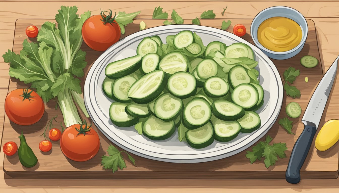 Endive leaves, tomatoes, and cucumbers arranged on a cutting board with a knife and a bowl of dressing nearby