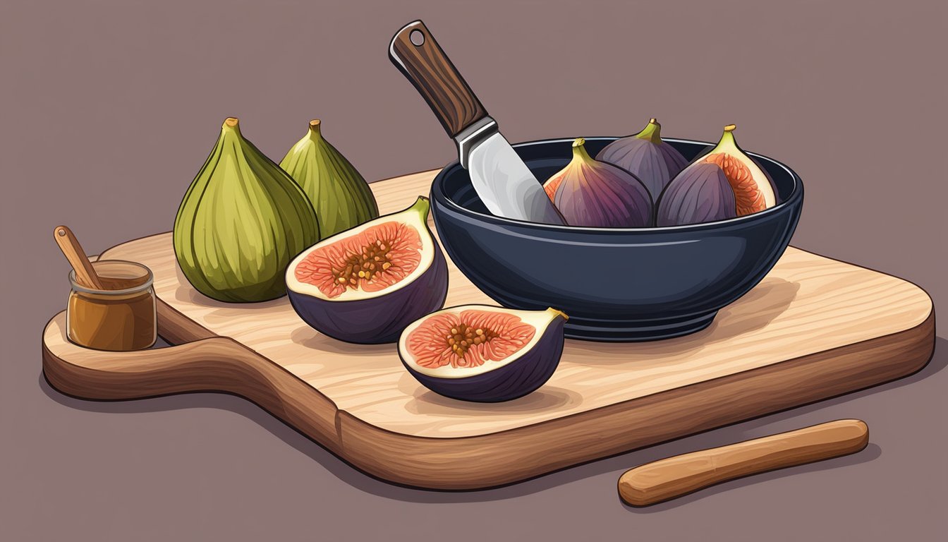 A wooden cutting board with fresh figs, a knife, and a bowl of sugar and spices