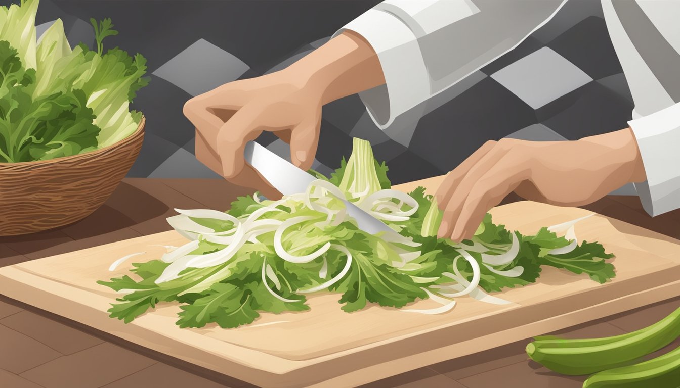 A chef slicing endive and arranging it with fresh ingredients for a crisp salad