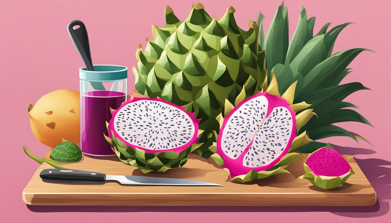 A cutting board with a knife and a ripe dragon fruit, surrounded by assorted kitchen utensils and ingredients