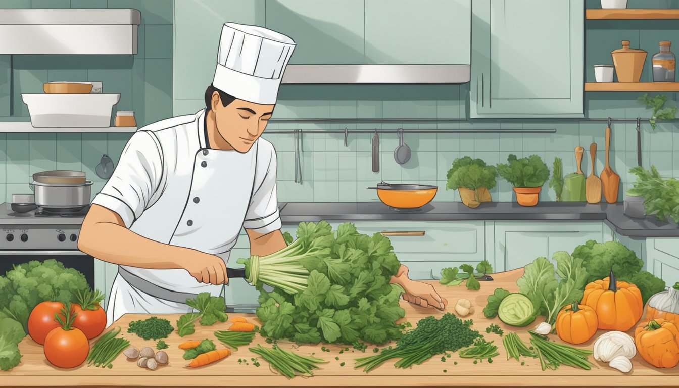 Celeriac being chopped and mixed with herbs, spices, and other vegetables in a bustling kitchen