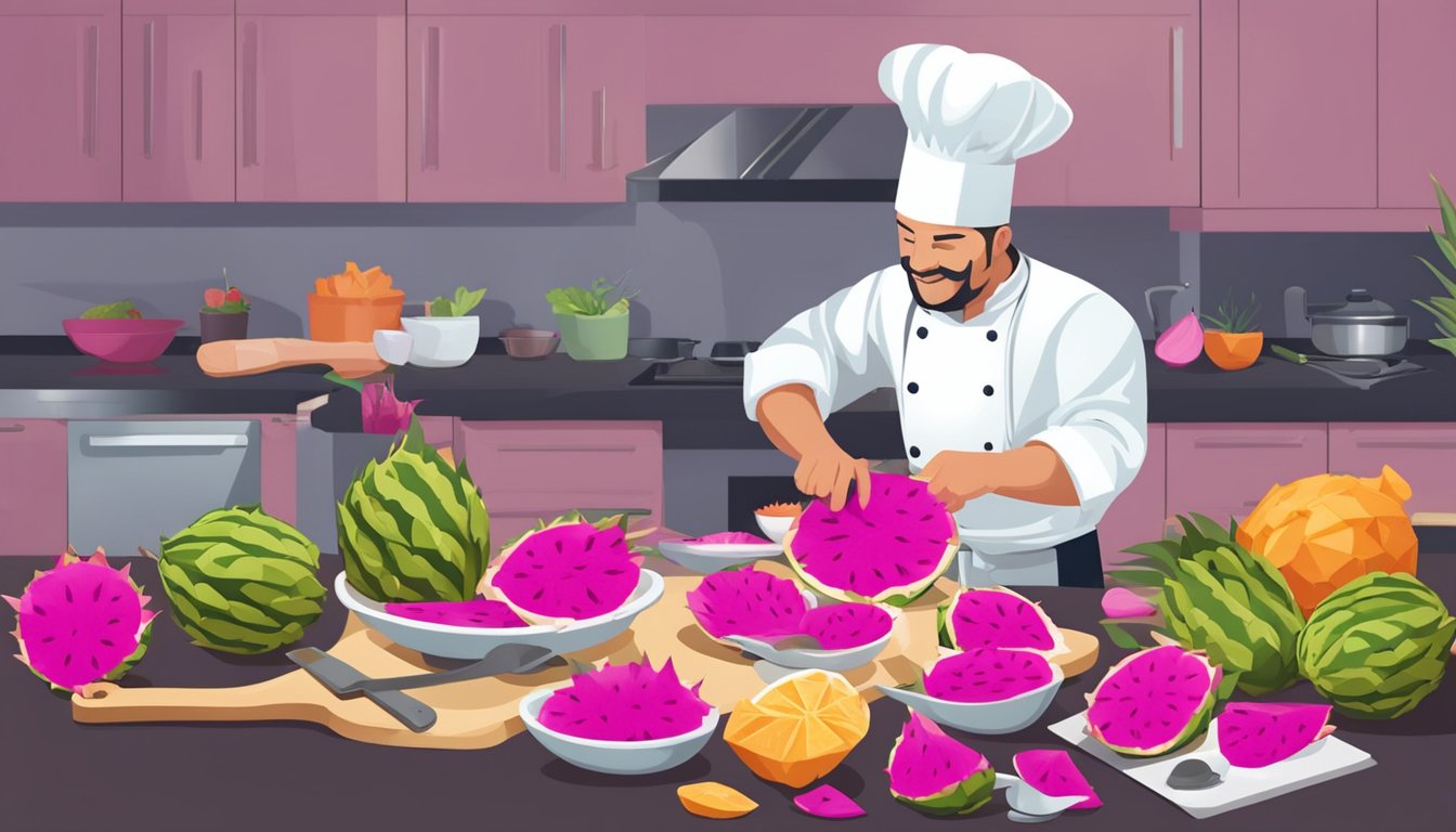 A chef slicing and dicing dragon fruit, surrounded by various cooking utensils and ingredients for savory dishes