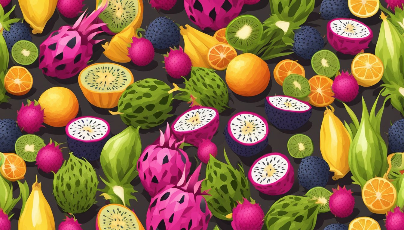 A dragon fruit sliced and arranged with other exotic fruits on a cutting board