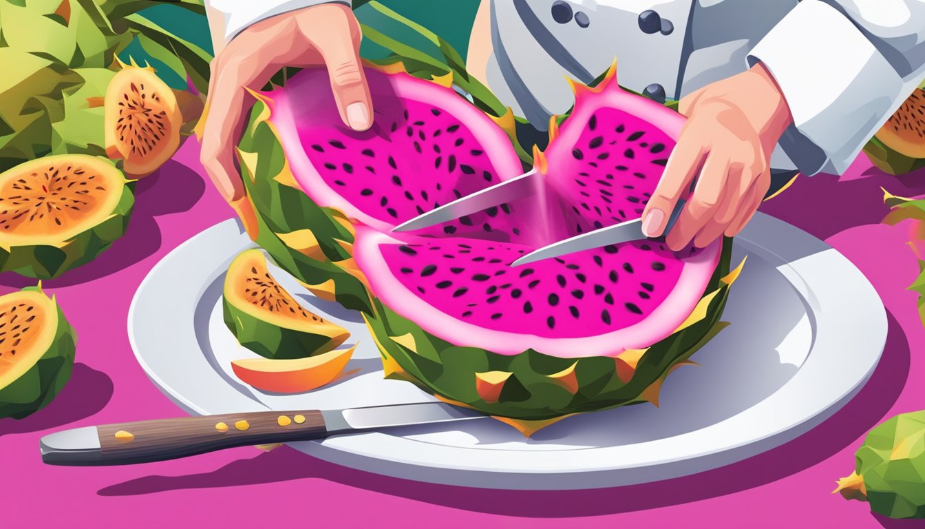 A chef slicing and scooping out the vibrant pink flesh of a dragon fruit, preparing to incorporate it into a colorful and exotic dish