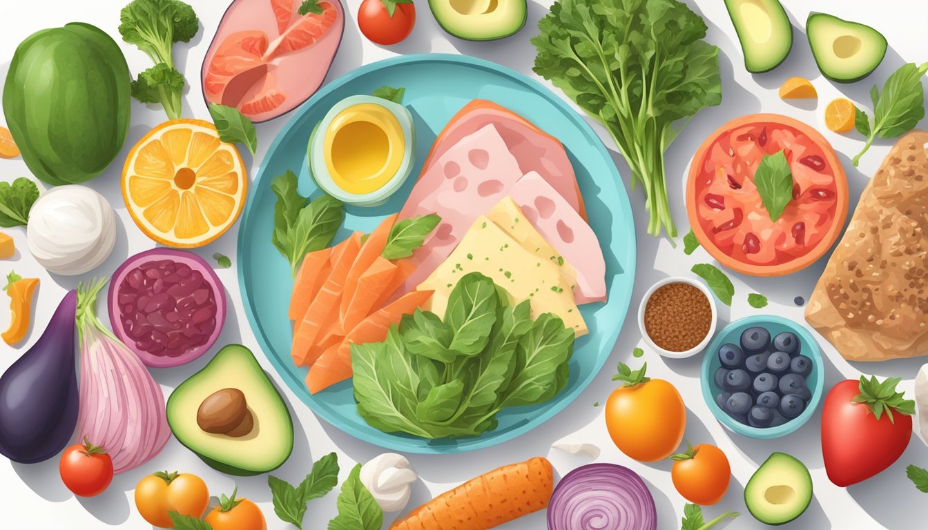 A colorful plate of keto-friendly foods surrounded by heart-healthy ingredients and a measuring tape