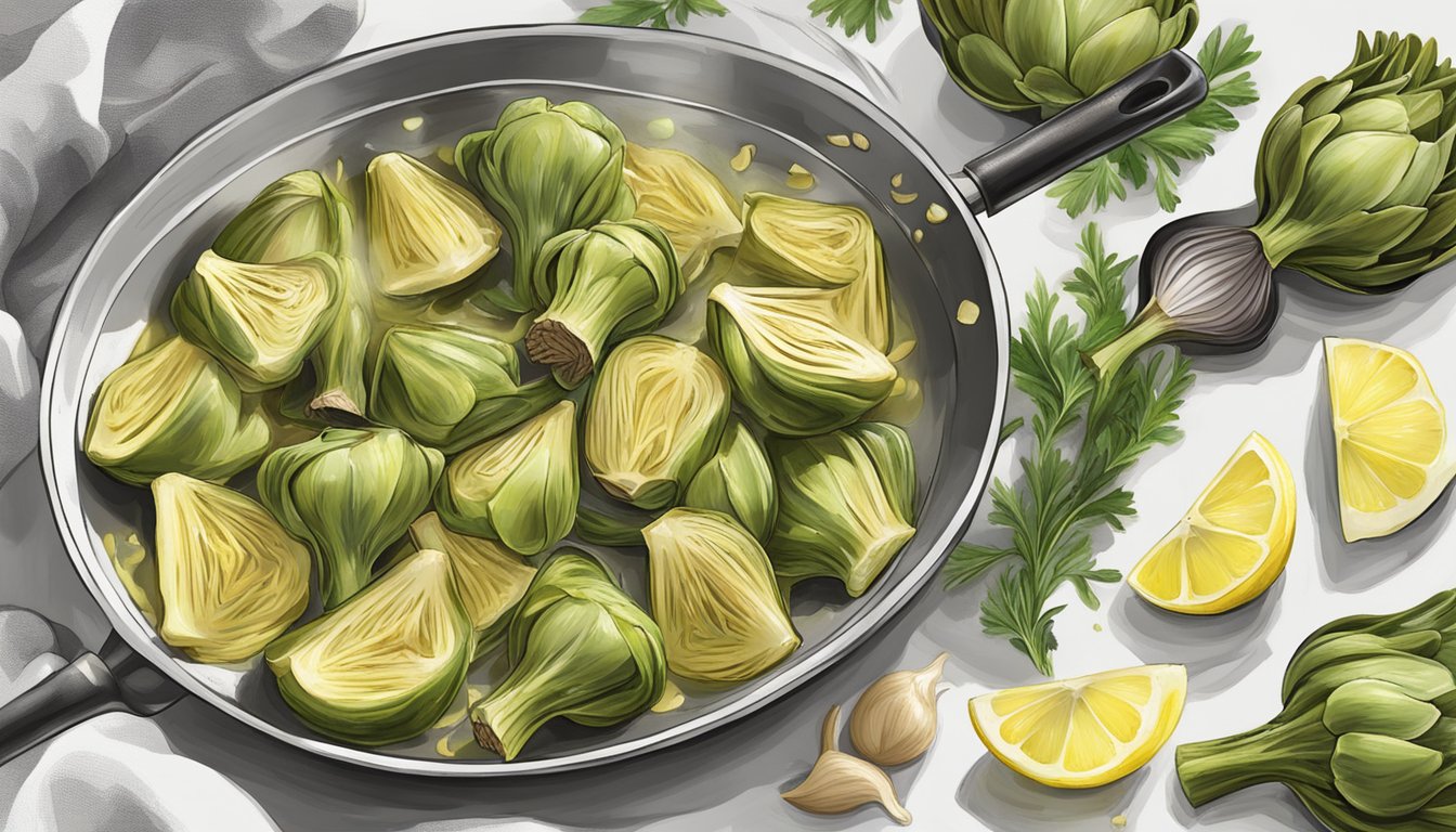 Artichoke hearts being sautéed in olive oil with garlic, herbs, and lemon, creating a Mediterranean aroma