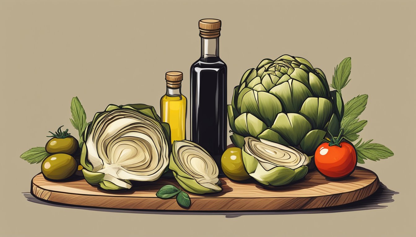 An array of artichoke hearts, olives, tomatoes, and herbs arranged on a wooden cutting board, surrounded by bottles of olive oil and balsamic vinegar