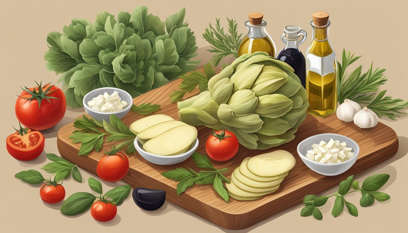 A wooden cutting board with artichoke hearts, olive oil, garlic, and herbs, surrounded by Mediterranean ingredients like tomatoes, olives, and feta cheese