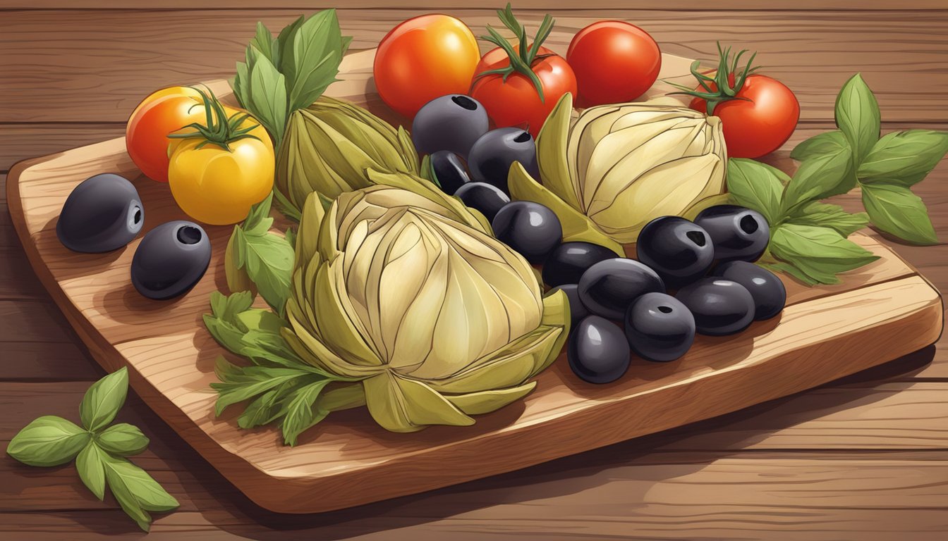 A colorful Mediterranean-inspired dish with artichoke hearts, olives, tomatoes, and herbs, all neatly arranged on a rustic wooden cutting board