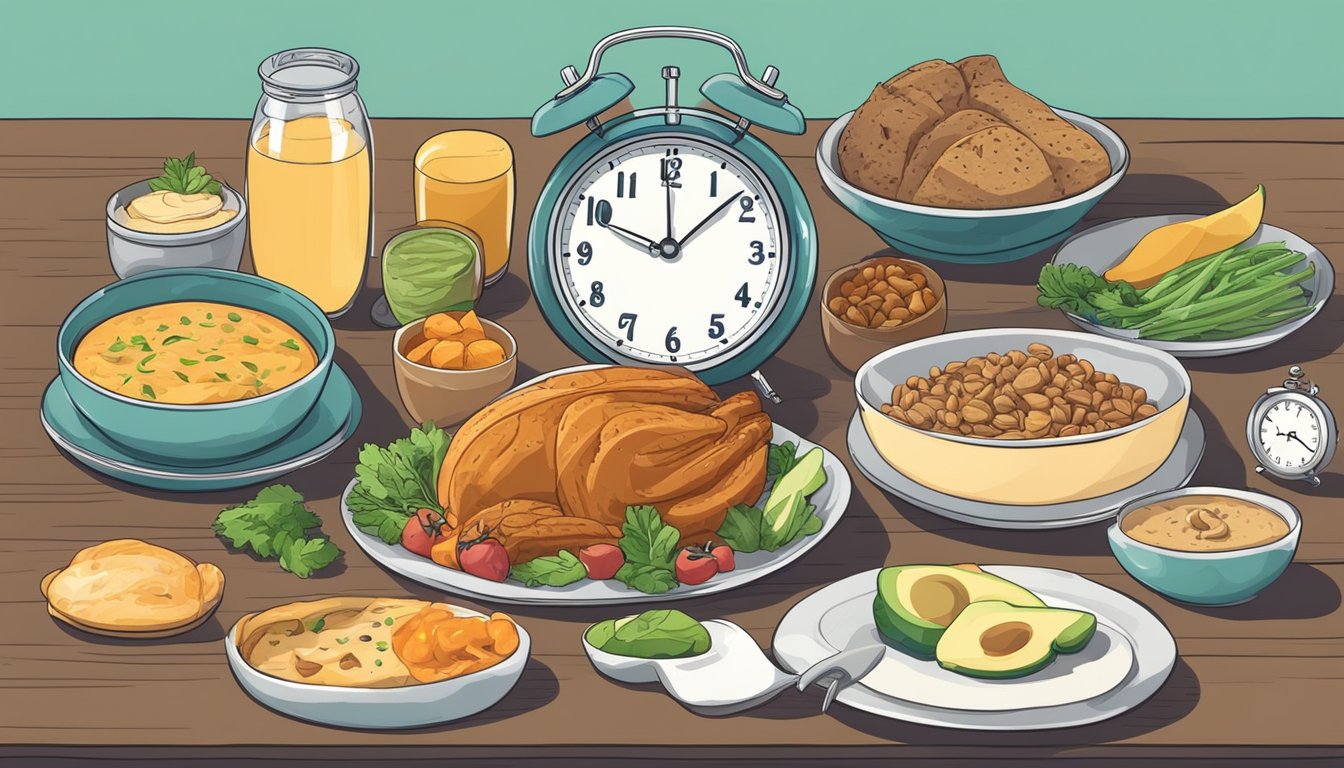 A table set with keto-friendly foods and a clock showing intermittent fasting hours