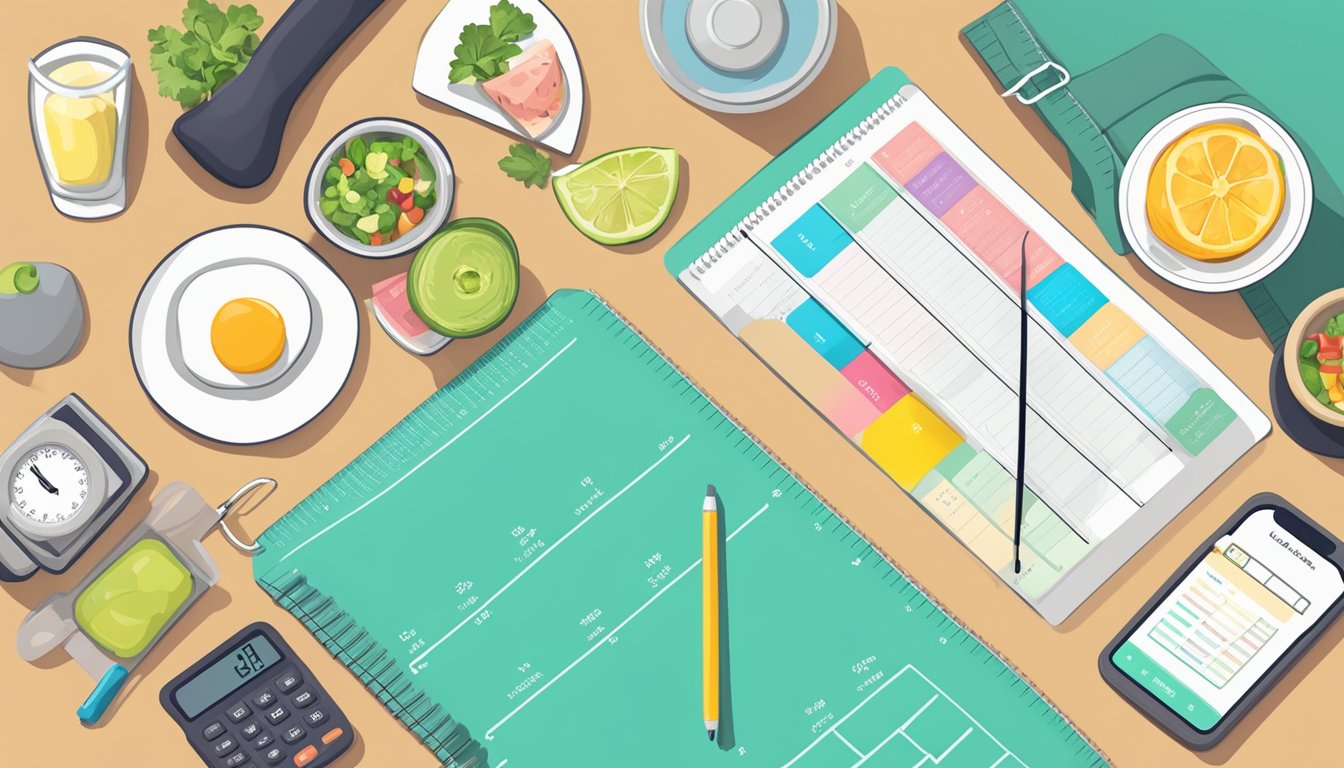 A table with a keto meal plan and intermittent fasting schedule, surrounded by a tape measure, weight scale, and fitness tracker