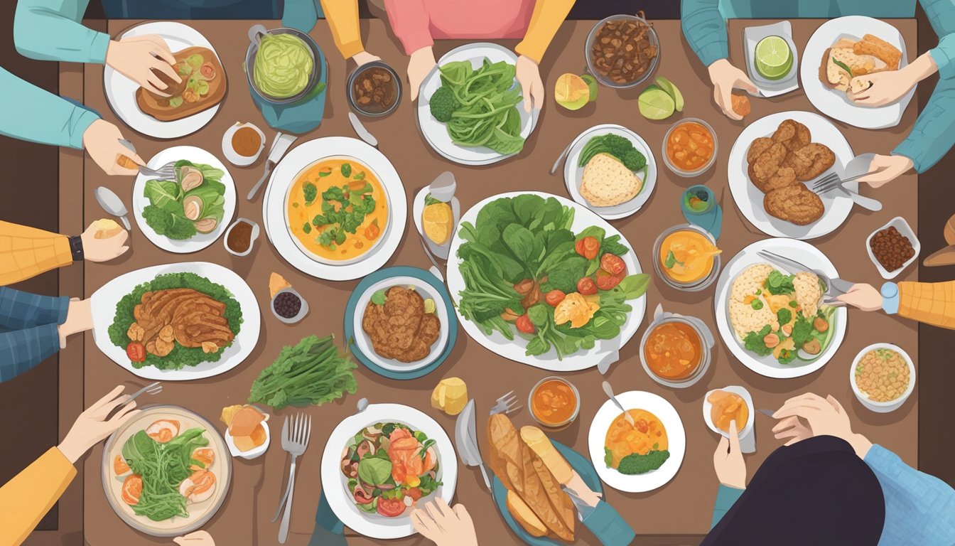 A table set with a variety of keto-friendly foods and intermittent fasting-friendly options, surrounded by a diverse group of people enjoying a meal together