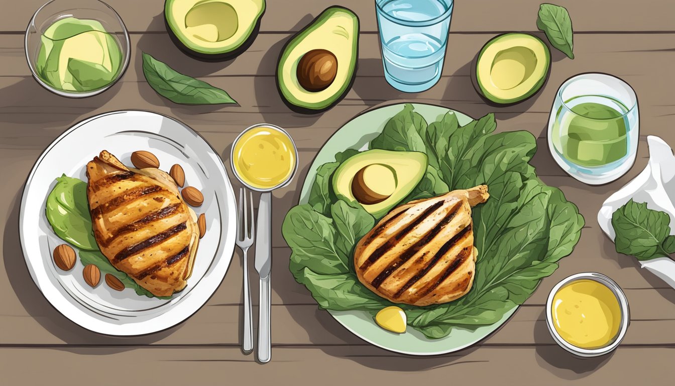 A table set with keto-friendly foods: grilled chicken, avocado, leafy greens, and nuts, with a glass of water