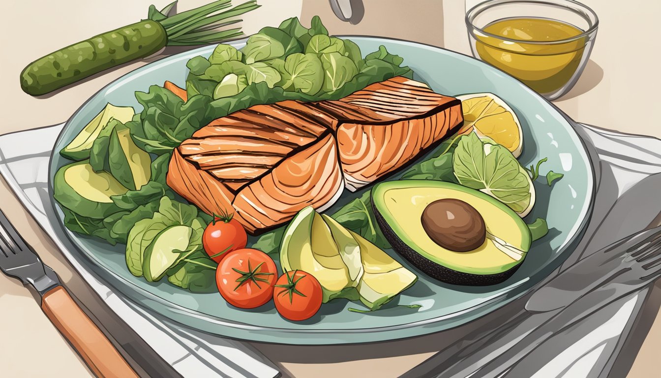 A table set with keto-friendly foods: grilled salmon, avocado salad, and steamed vegetables