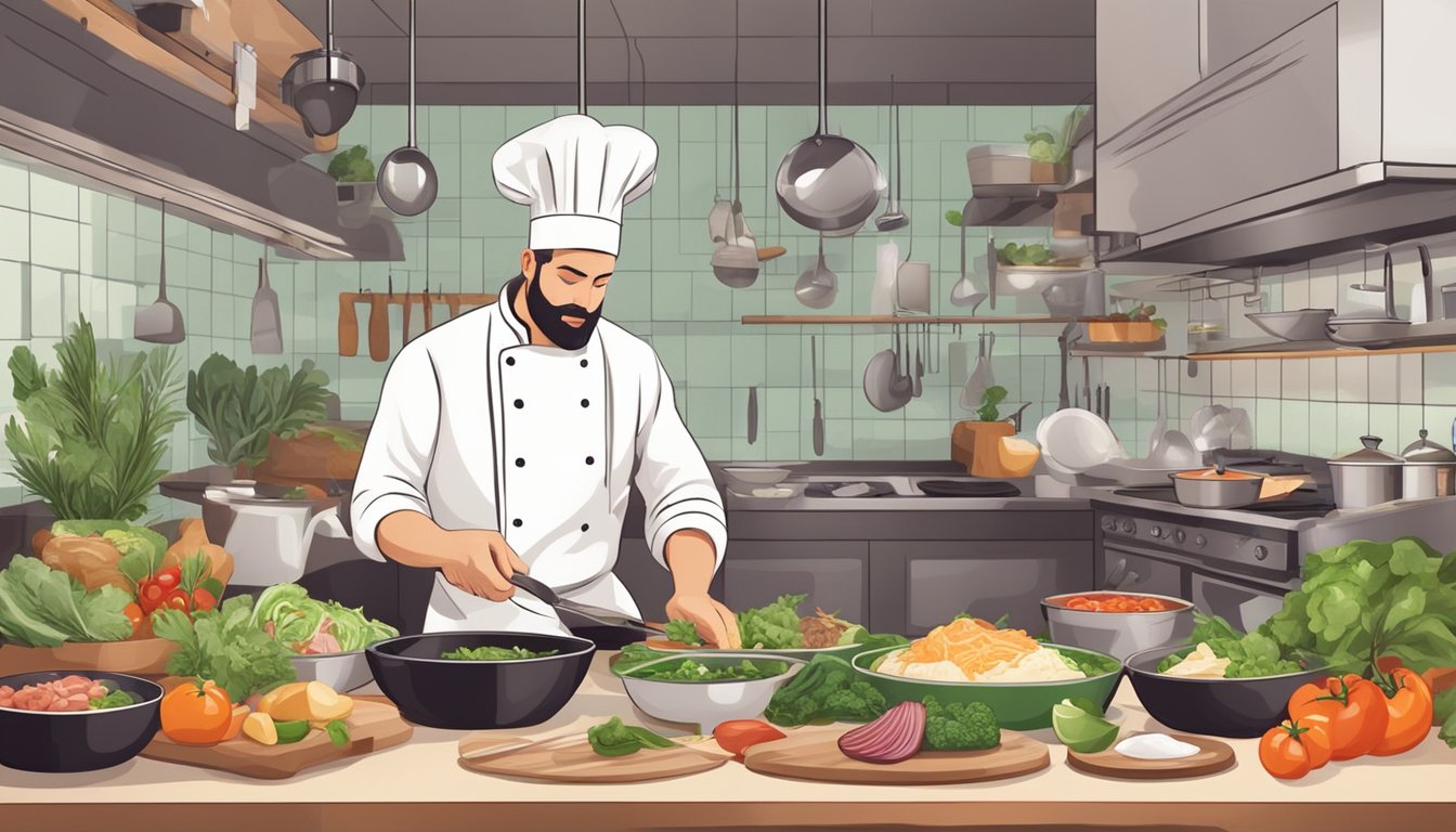 A chef preparing a variety of keto-friendly dishes in a restaurant kitchen, surrounded by fresh ingredients and cooking utensils