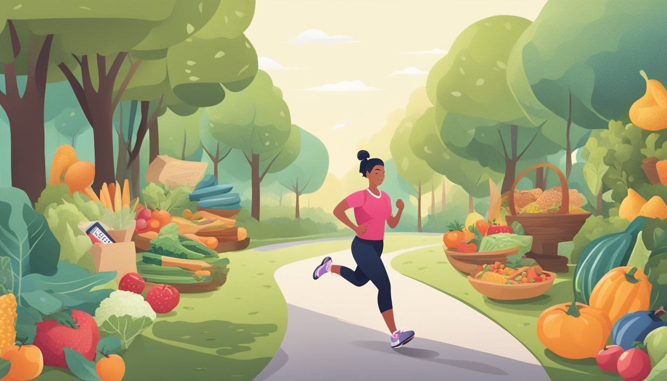 A person jogging on a path surrounded by healthy, low-carb food options, with a diabetes awareness ribbon in the background