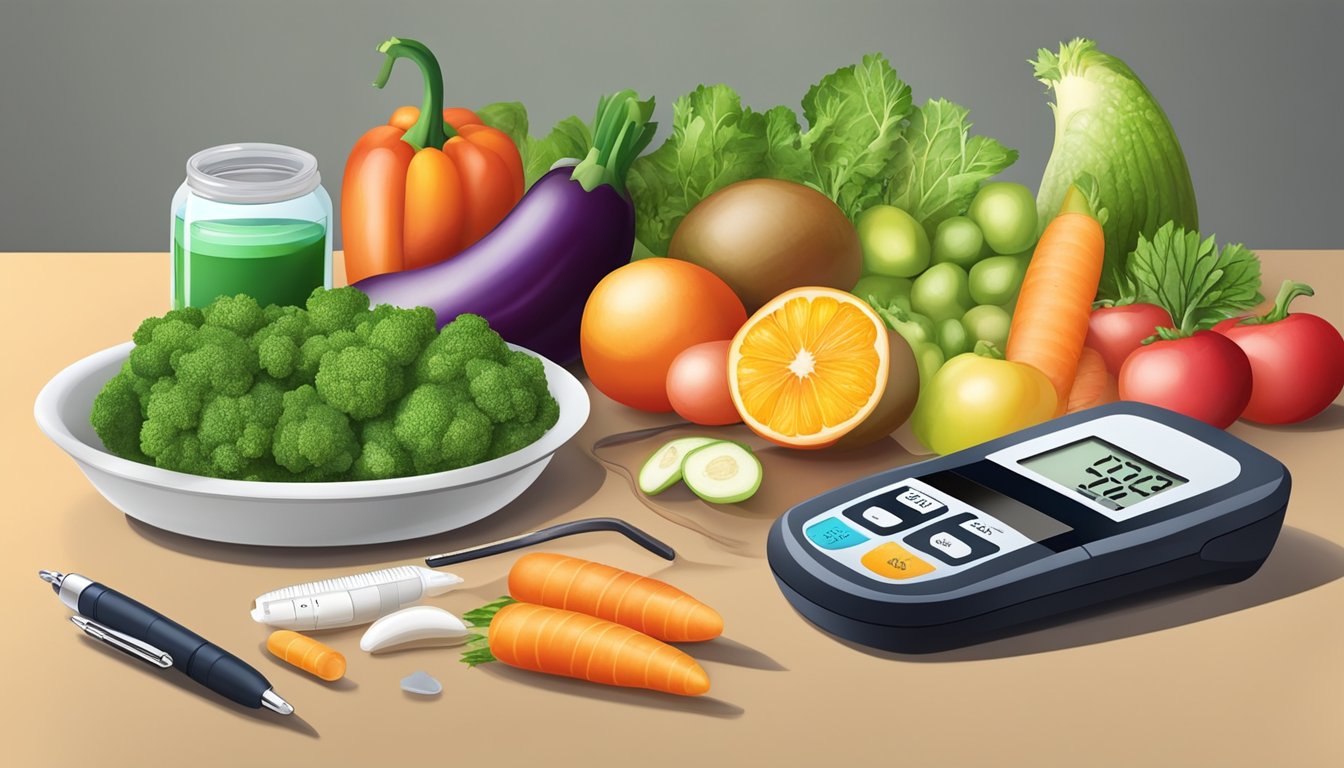 A table with fresh vegetables, fruits, and lean proteins, alongside a blood glucose monitor and insulin pen