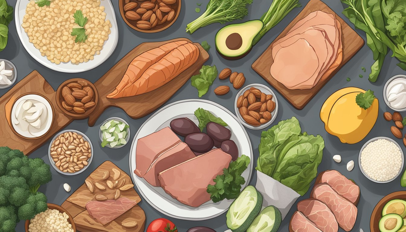 A variety of keto-friendly foods arranged on a table, including meats, vegetables, nuts, and dairy products. Allergen-free options are also displayed