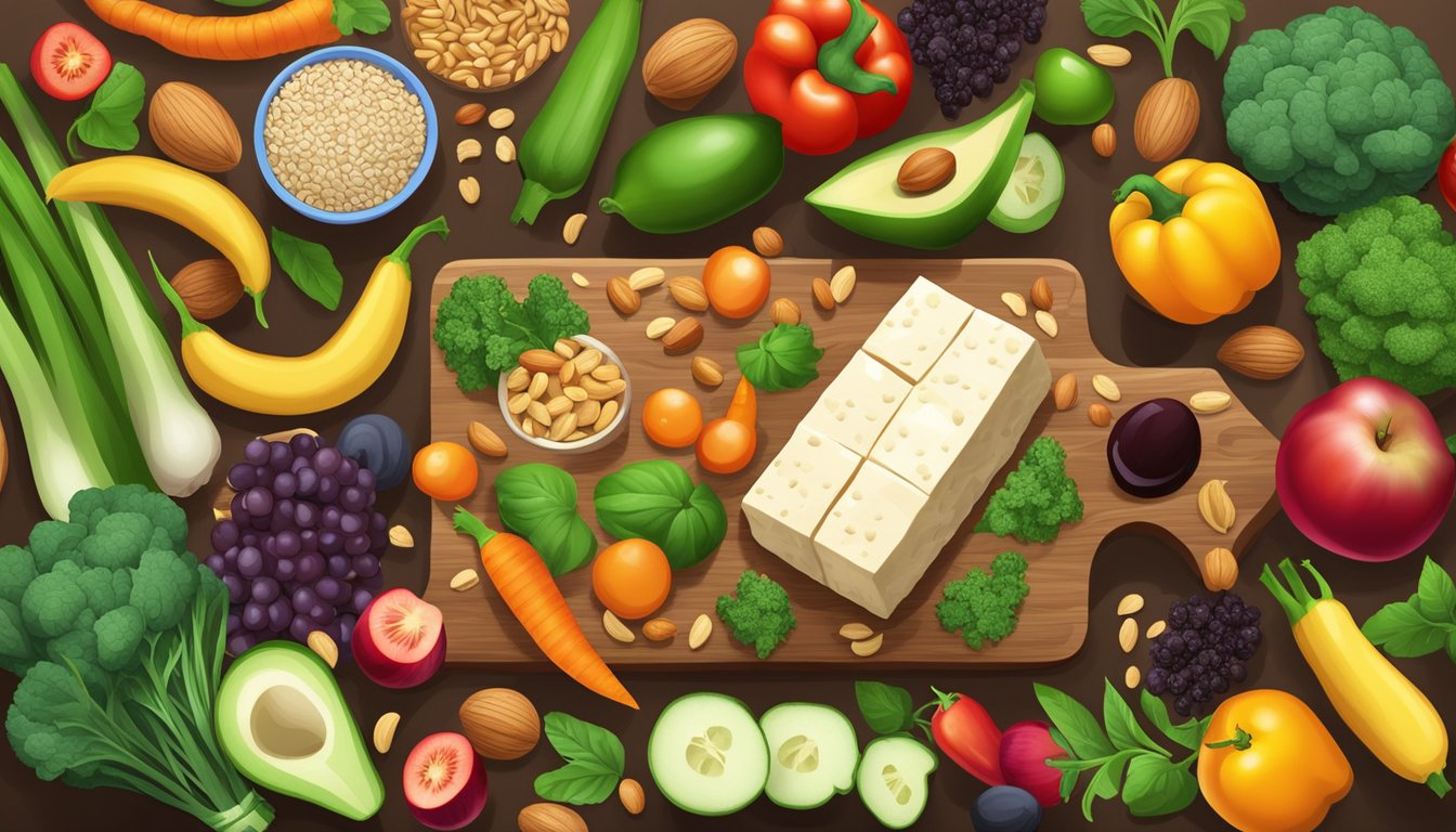 A colorful array of fresh vegetables, nuts, seeds, and tofu arranged on a wooden cutting board, surrounded by vibrant fruits and whole grains