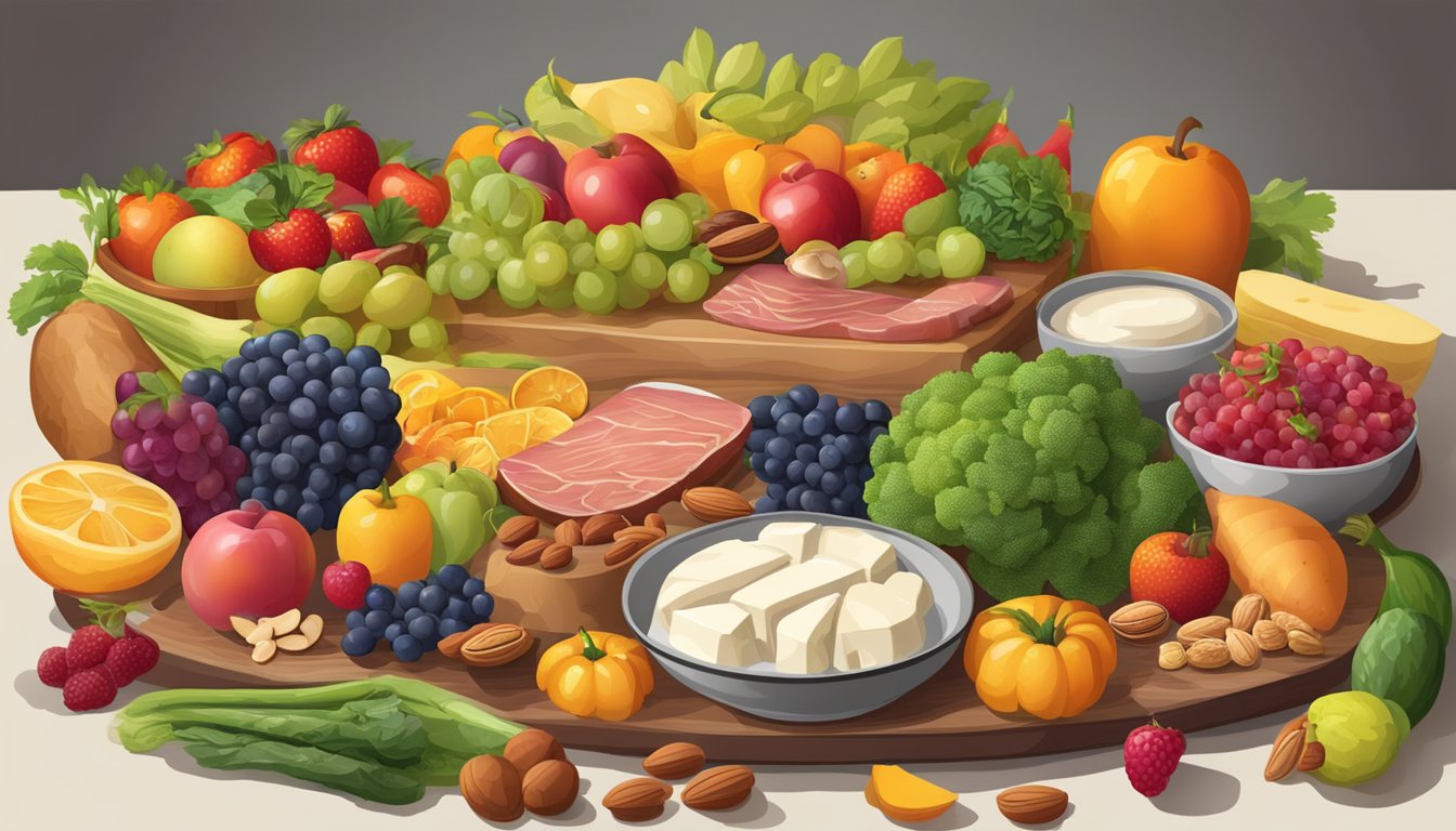 A table split in half, one side piled with colorful fruits and vegetables, the other with meats, cheeses, and nuts