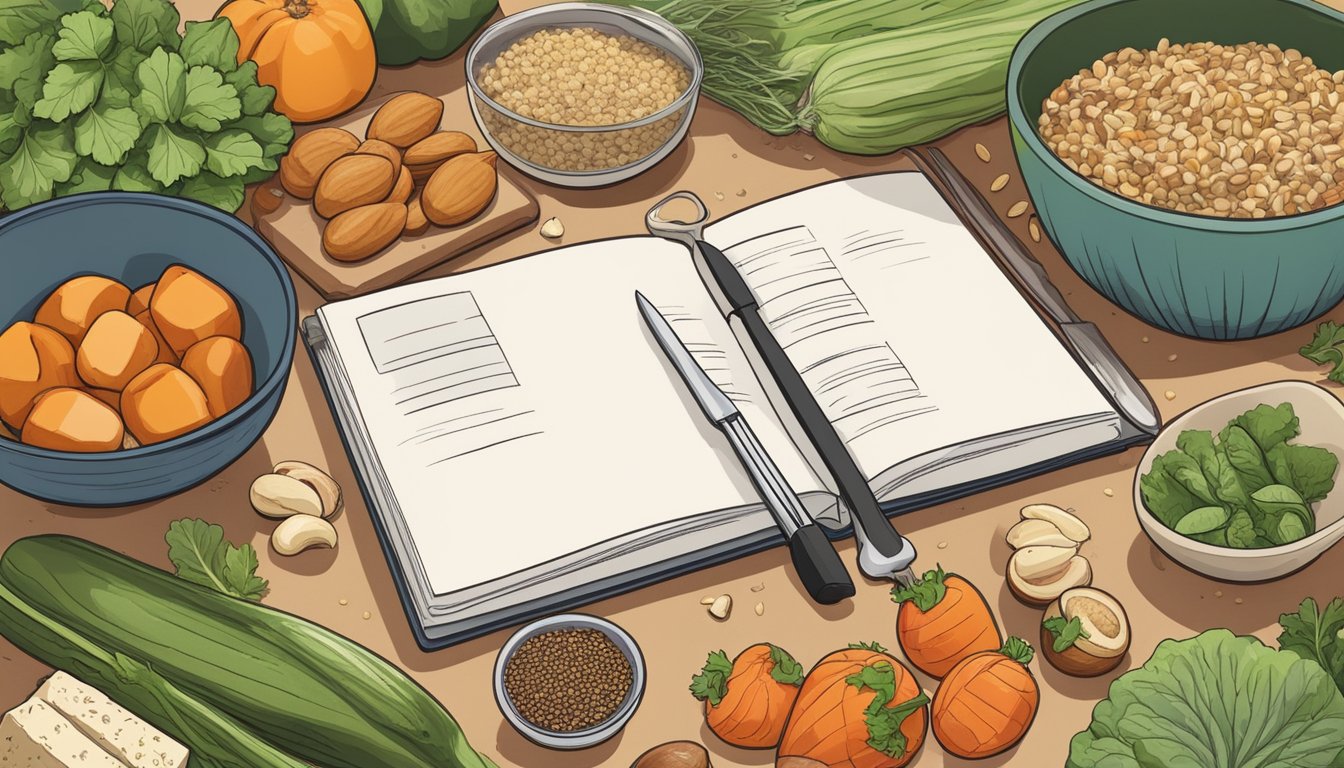 A kitchen counter with a variety of fresh vegetables, nuts, seeds, and tofu alongside a cutting board and knife. A cookbook open to a page on keto and vegan recipes