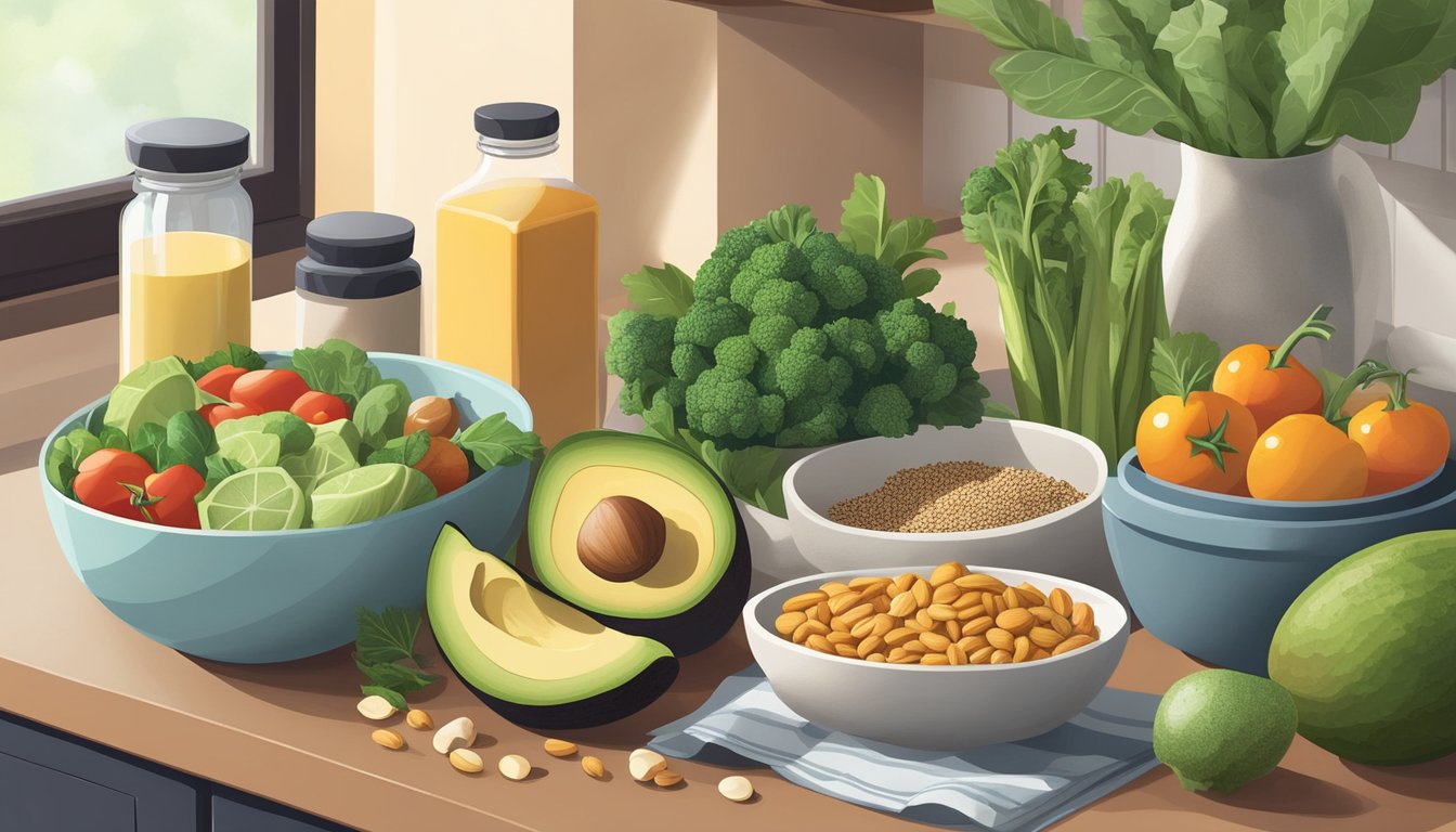 A kitchen counter with a variety of fresh vegetables, nuts, seeds, and plant-based protein sources, alongside a selection of high-fat, low-carb foods like avocados, coconut oil, and tofu