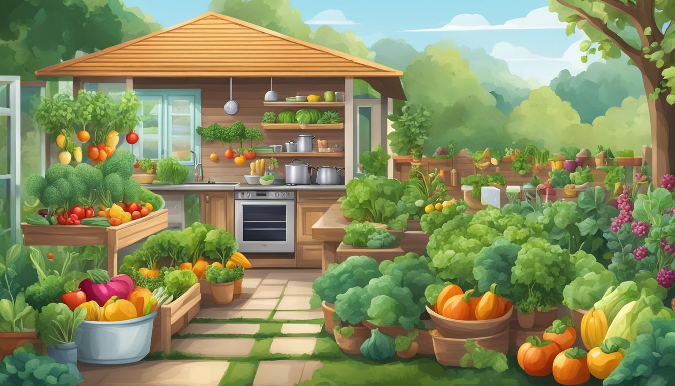 A vibrant garden with fresh vegetables and fruits growing alongside a kitchen stocked with healthy, plant-based foods