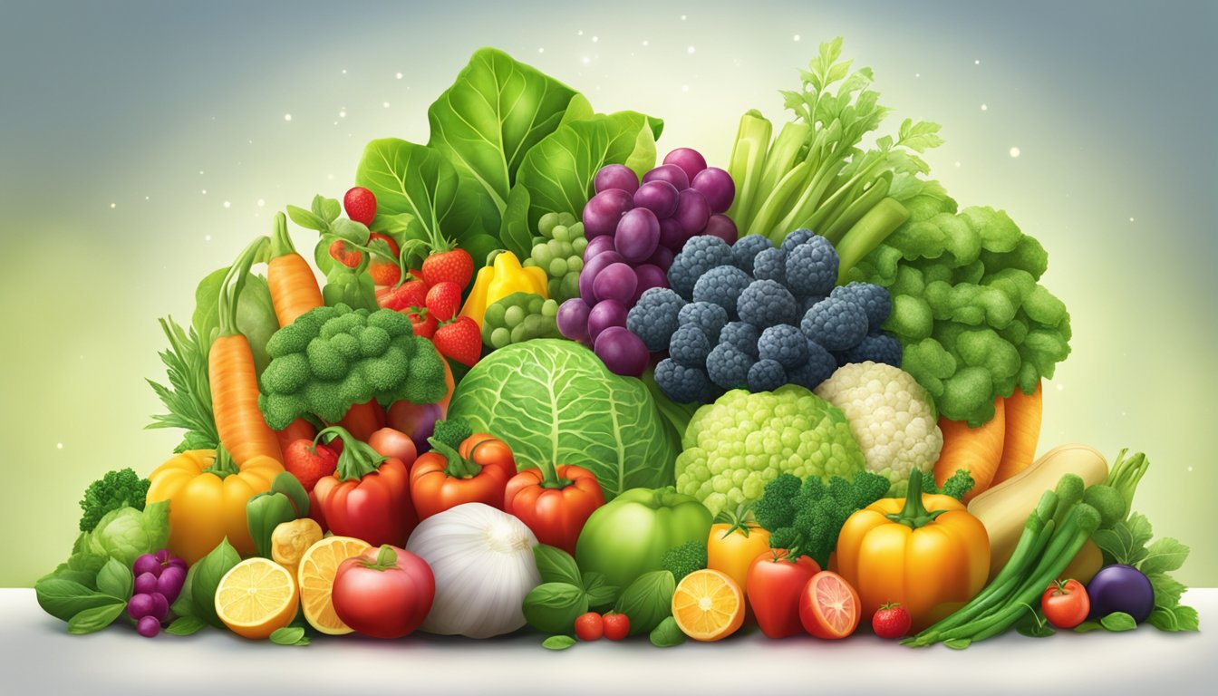 A colorful array of fresh vegetables and fruits arranged in a bountiful display, surrounded by vibrant green leaves and a glowing halo of light