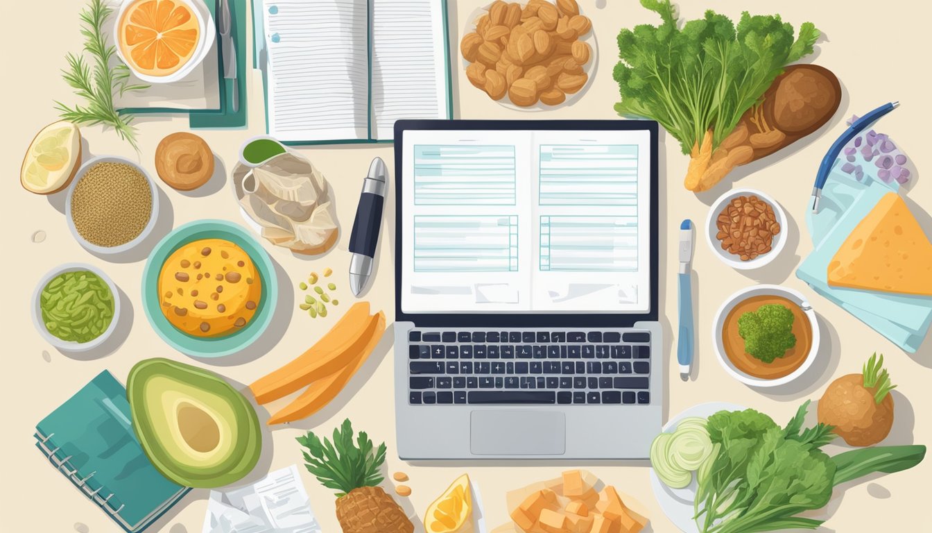 A table set with keto-friendly foods, surrounded by medical books and research papers on autoimmune diseases