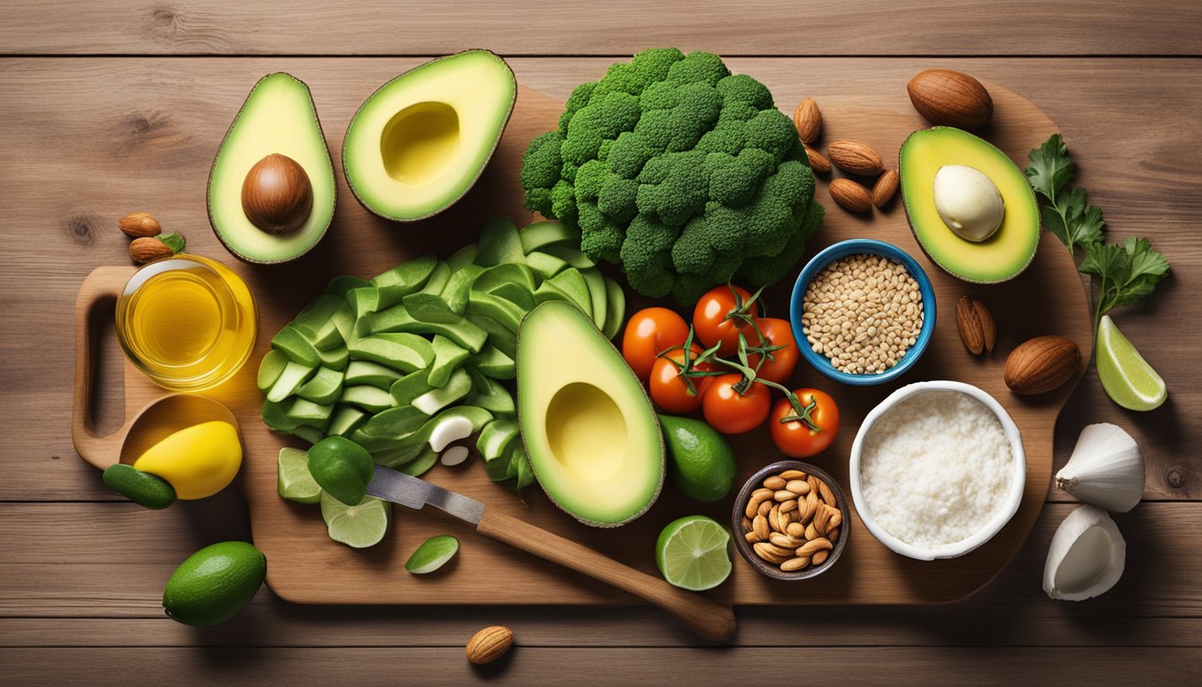 A colorful array of fresh vegetables, nuts, seeds, and plant-based protein sources arranged on a wooden cutting board, with a measuring cup of coconut oil and a bowl of avocados nearby