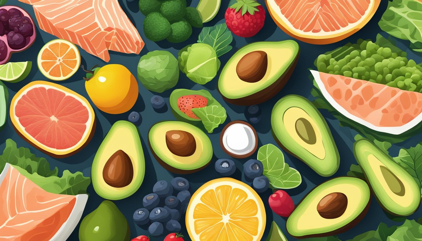 A colorful array of keto-friendly foods like leafy greens, salmon, and avocados, surrounded by vibrant fruits and vegetables, with a focus on eye-healthy nutrients