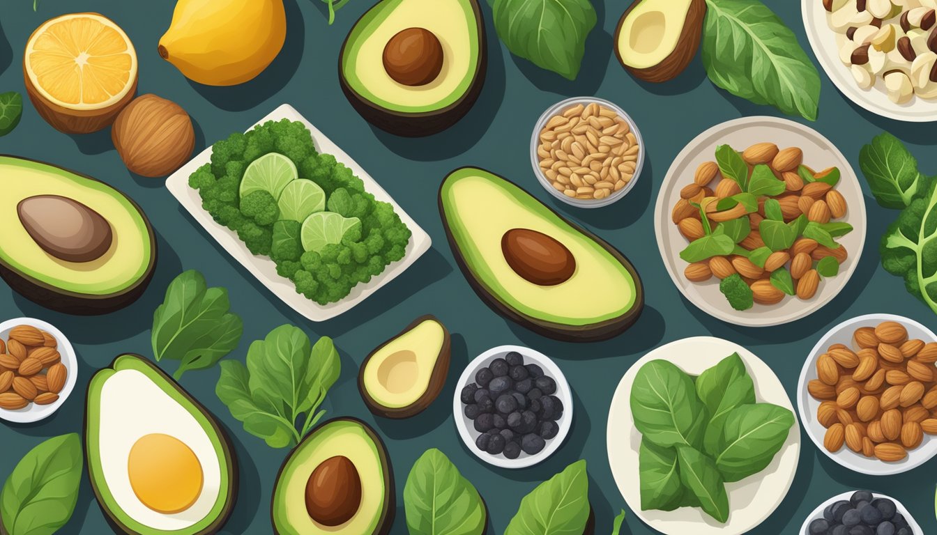 A table set with a variety of colorful, plant-based keto-friendly foods, such as avocados, nuts, leafy greens, and low-carb vegetables