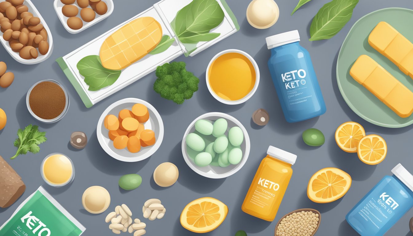 A kitchen counter with various keto diet supplements and vitamins arranged neatly in a row, alongside a list of common challenges and nutritional gaps