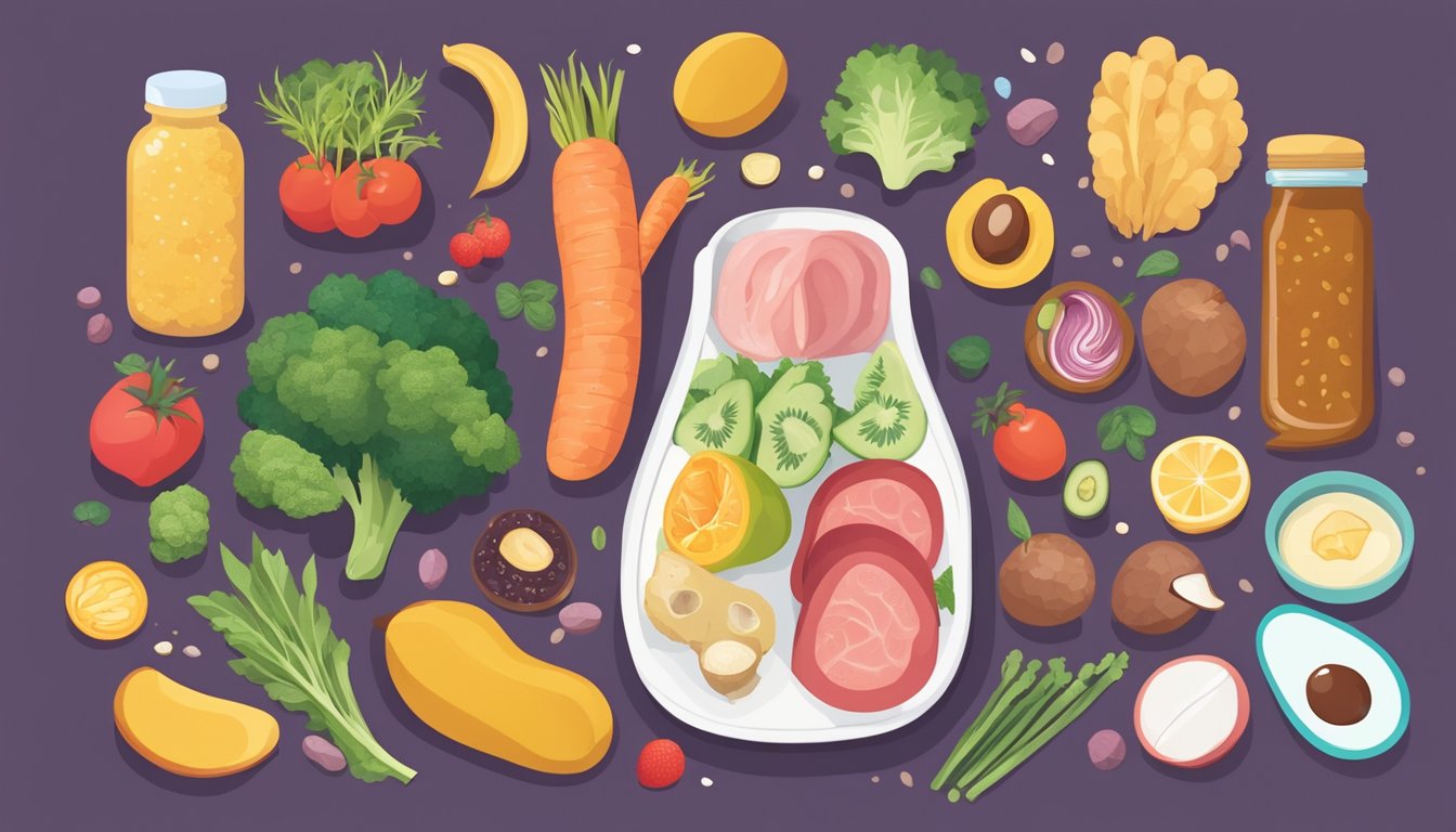 A colorful illustration of a healthy gut surrounded by various keto-friendly foods, with a scale depicting the balance between health benefits and potential risks of the keto diet