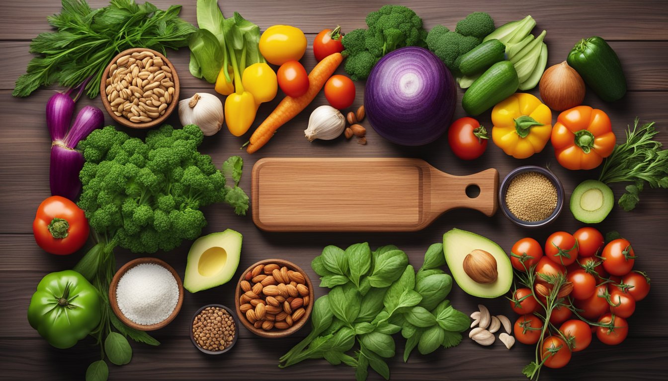 A vibrant array of colorful vegetables, nuts, and healthy fats arranged on a wooden cutting board, surrounded by fresh herbs and spices