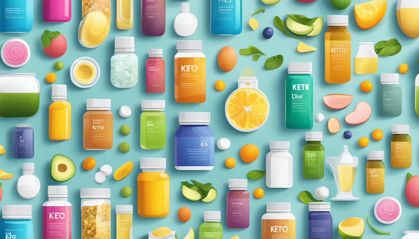 A colorful array of keto diet supplements arranged on a clean, modern countertop