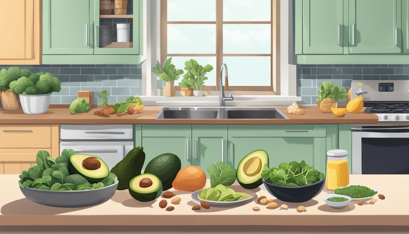 A kitchen counter with a variety of keto-friendly foods and ingredients, such as avocados, leafy greens, lean meats, and nuts