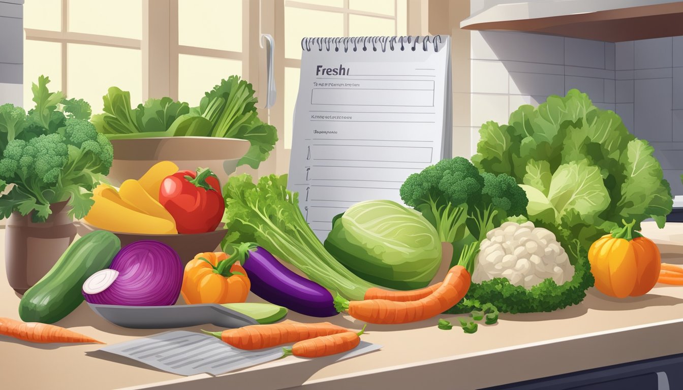 A colorful array of fresh vegetables and lean proteins on a kitchen counter, with a measuring scale and recipe book nearby