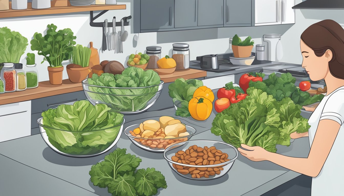 A person preparing keto-friendly thyroid-healthy foods, such as leafy greens, nuts, and lean proteins, in a well-organized kitchen