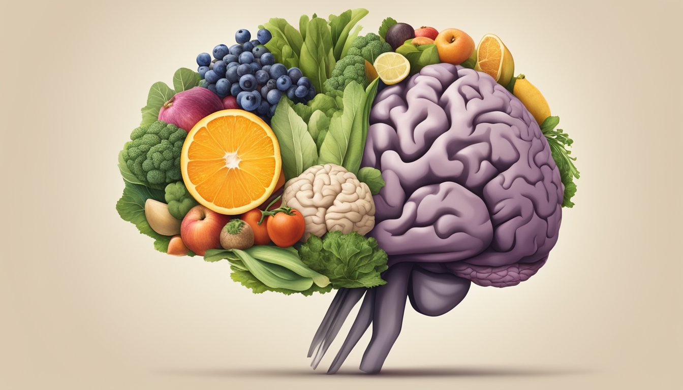 A serene, balanced brain surrounded by vibrant, nourishing foods, with a thyroid gland radiating strength and vitality