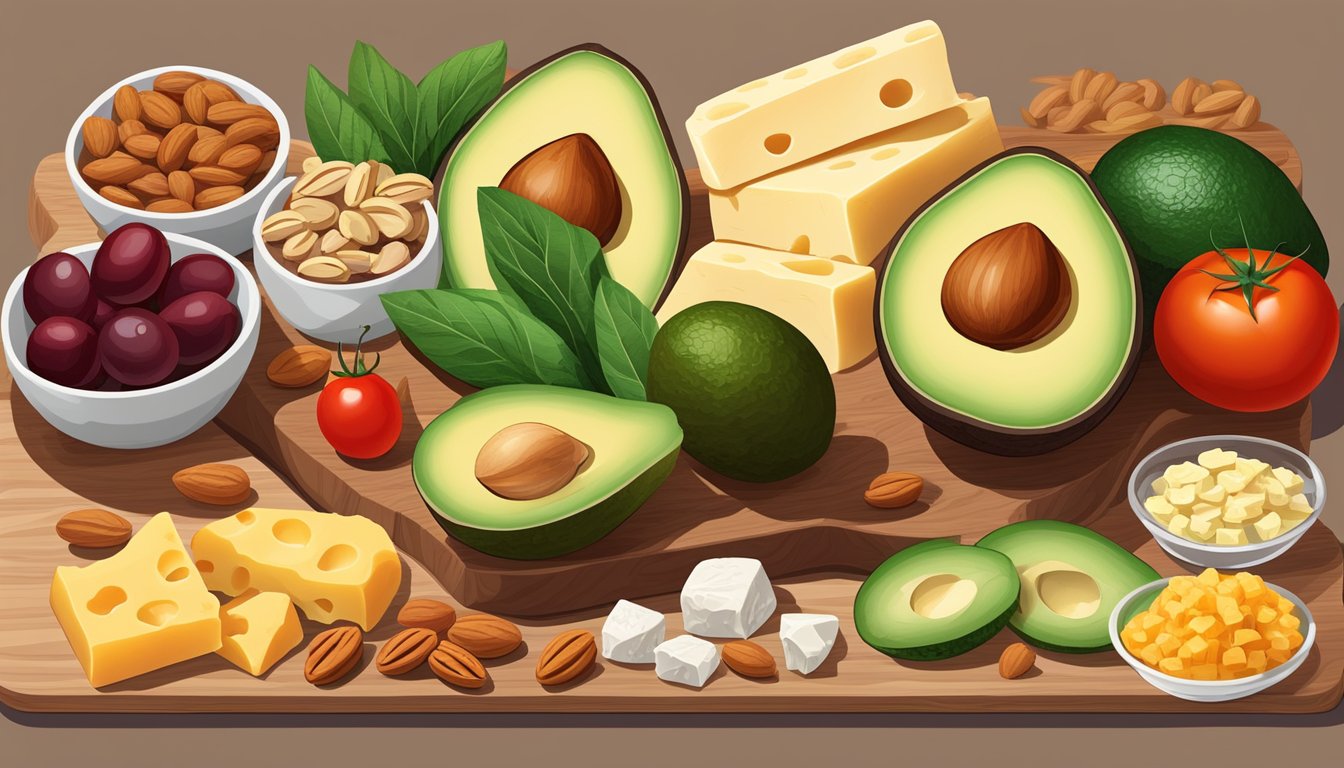 A colorful array of keto-friendly snacks and sides arranged on a wooden cutting board, including avocado slices, cheese cubes, cherry tomatoes, and nuts