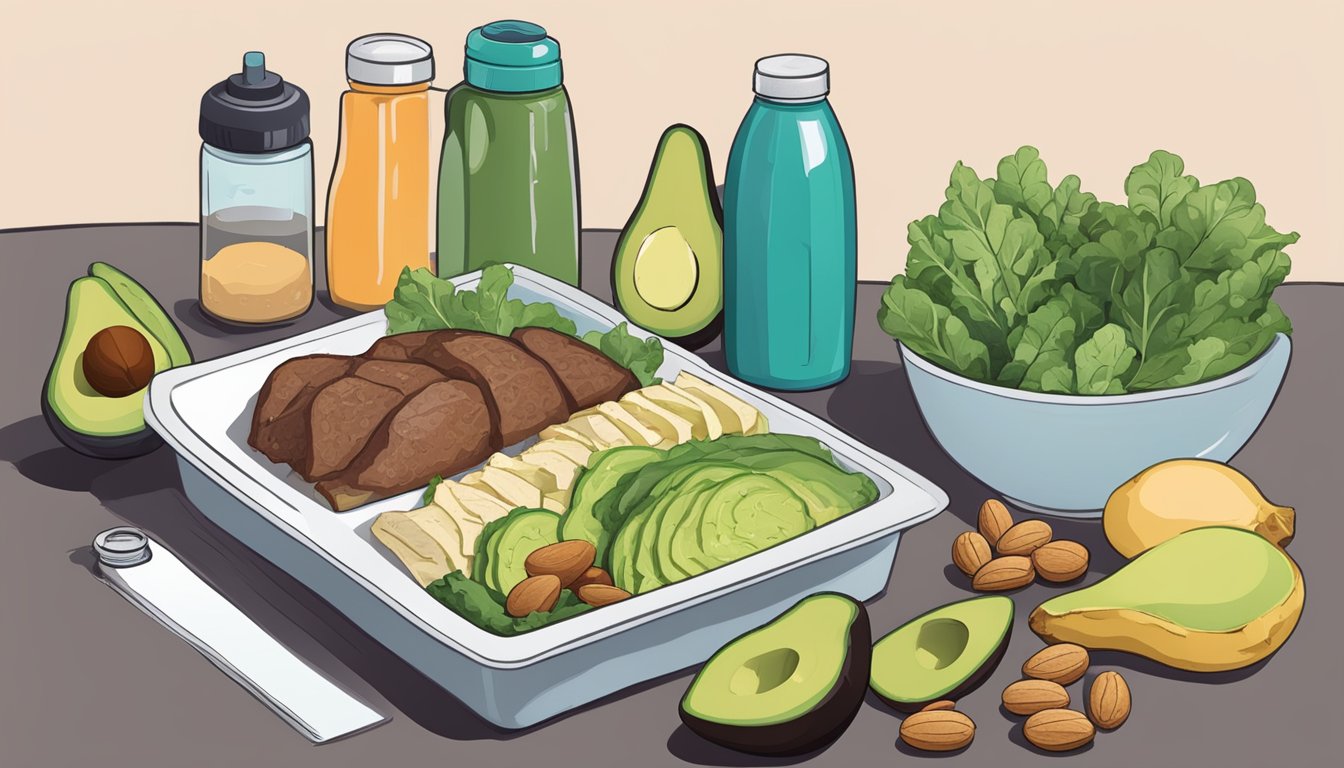 A table with various foods: lean meats, leafy greens, nuts, and avocados. A water bottle and electrolyte drink sit nearby