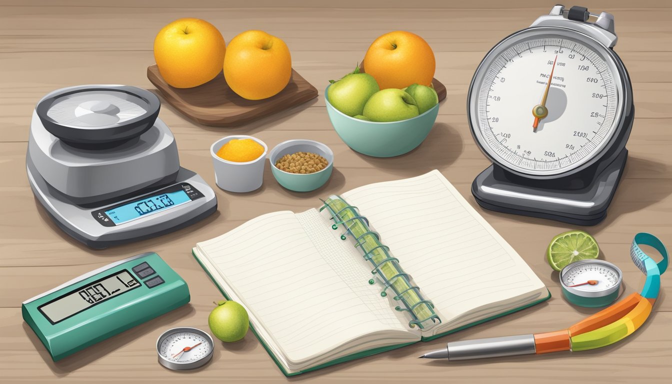 A kitchen counter with a scale, food scale, measuring tape, and a notebook with a pen