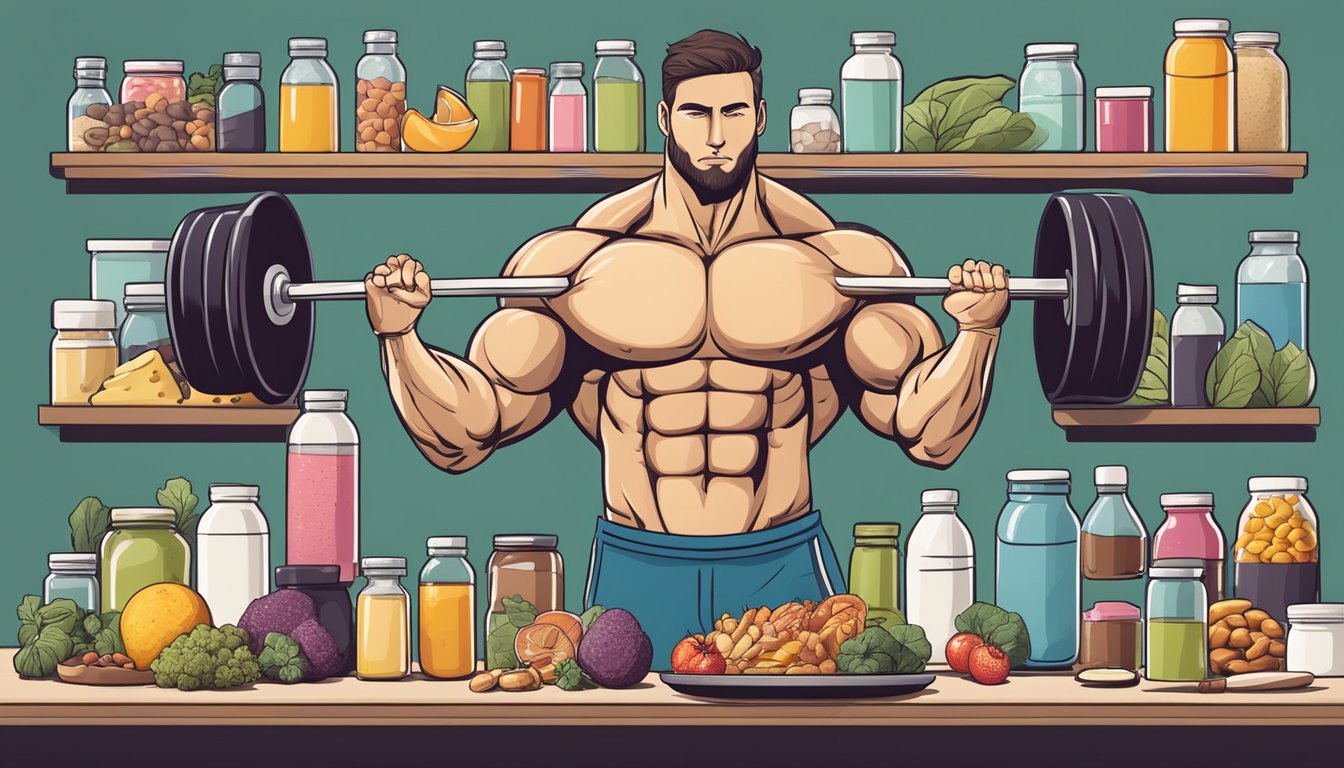 A muscular figure lifting weights while surrounded by low-carb, high-protein foods and supplements