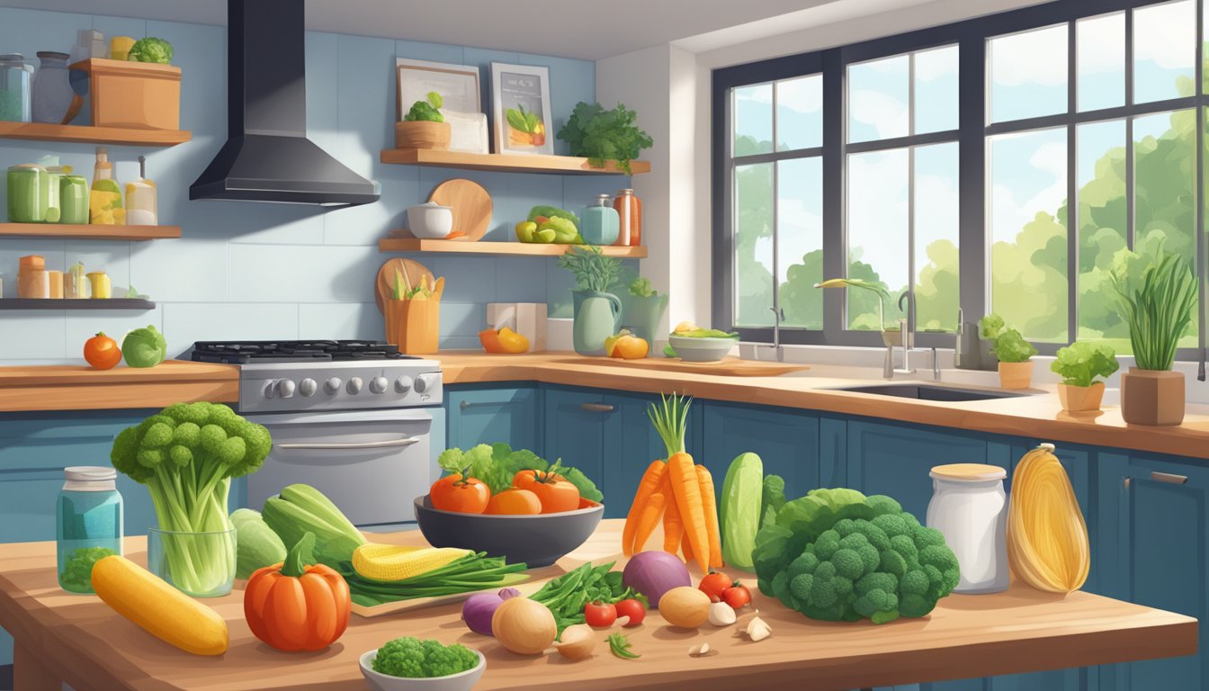 A serene, sunny kitchen with a variety of colorful vegetables and healthy fats, alongside a bookshelf filled with scientific literature on the keto diet and mental wellness