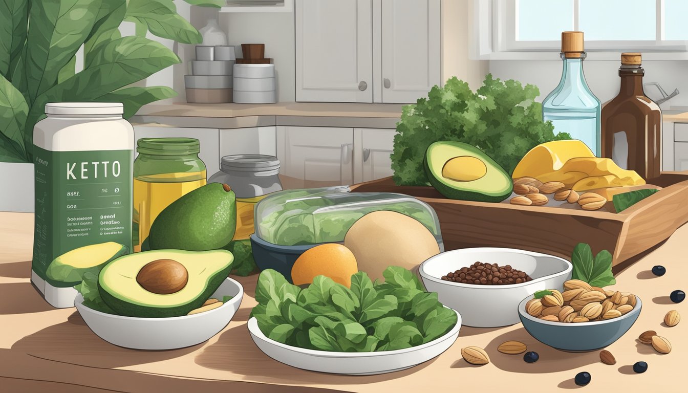 A kitchen counter with a variety of keto-friendly foods such as avocado, olive oil, nuts, and leafy greens, with a bottle of digestive enzymes nearby